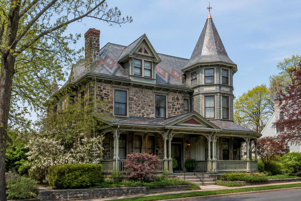 Historic Victorian home with a patterned slate roof