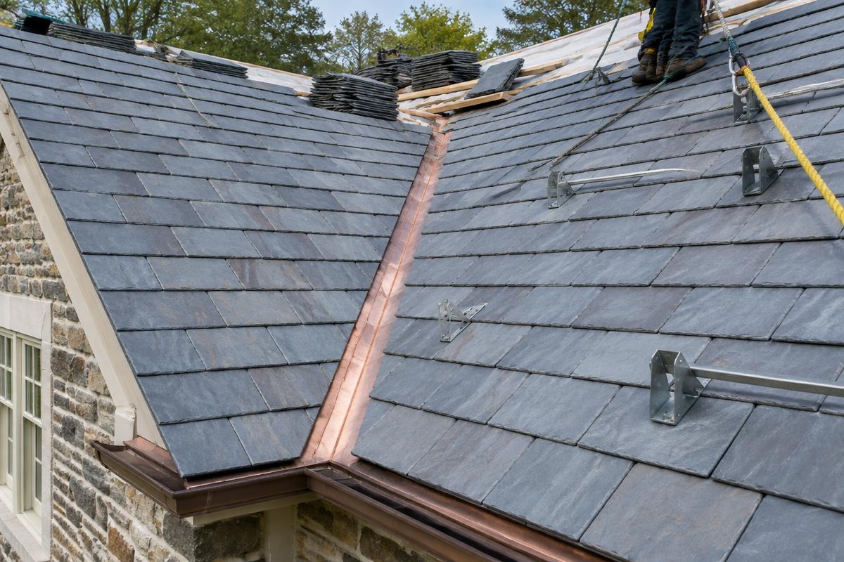 Natural slate roof installation with a copper valley